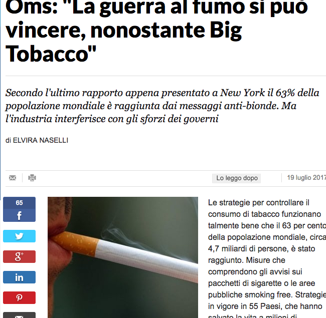 Oms: "La guerra al fumo si può vincere, nonostante Big Tobacco"